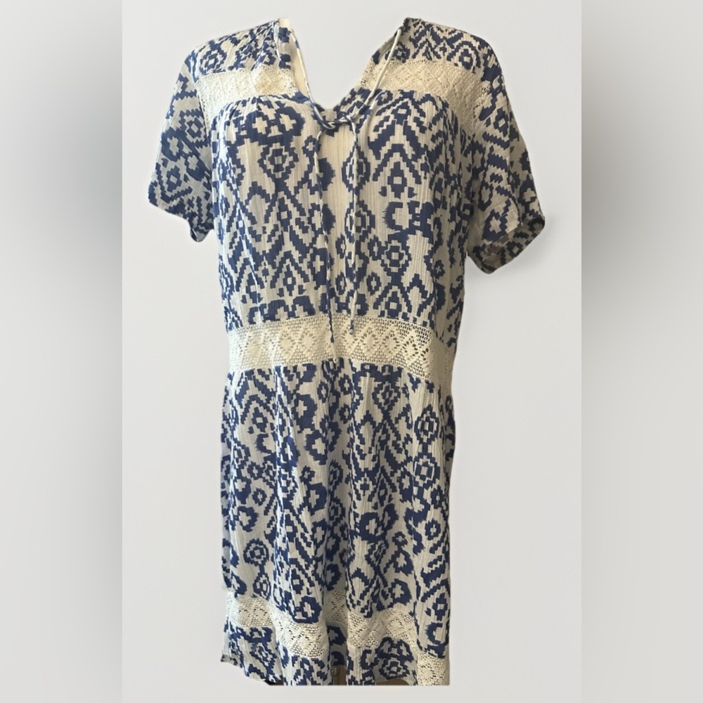Aspiga Dress S Blue White Ikat Organic Cotton Beach Dress V-Neck